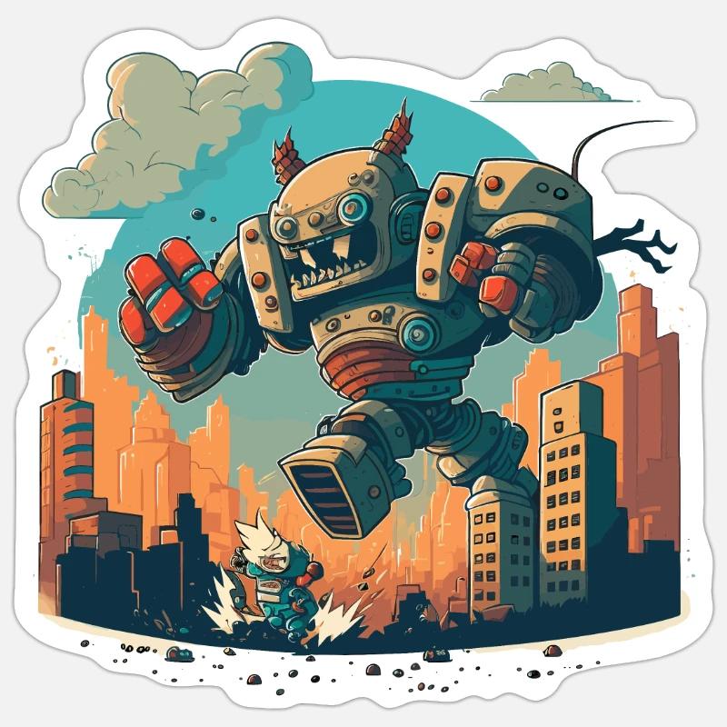 Robot vs Monstres - Sticker taille S (10 x 10 cm) - blanc mat