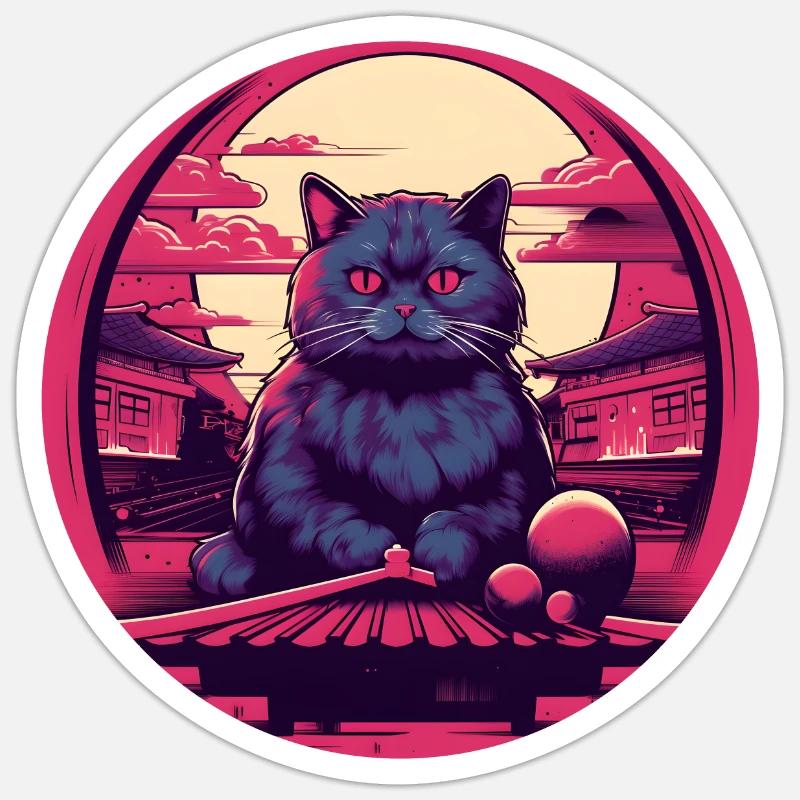 Synthwave japan Cat - Sticker taille S (10 x 10 cm) - blanc mat