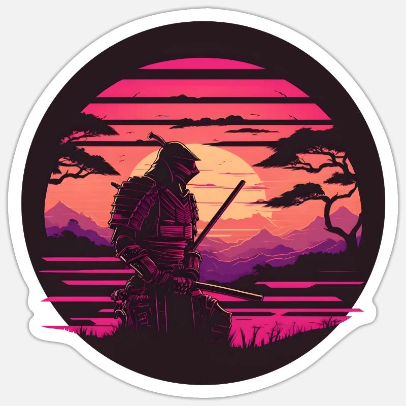 Synthwave Samurai avec katana - Sticker taille S (10 x 10 cm) - blanc mat