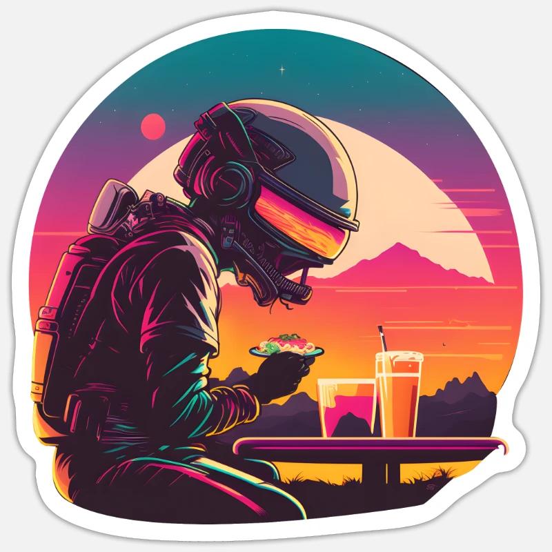 Synthwave astronaut Space dinner - Sticker Größe S (10 x 10 cm) - Mattweiß