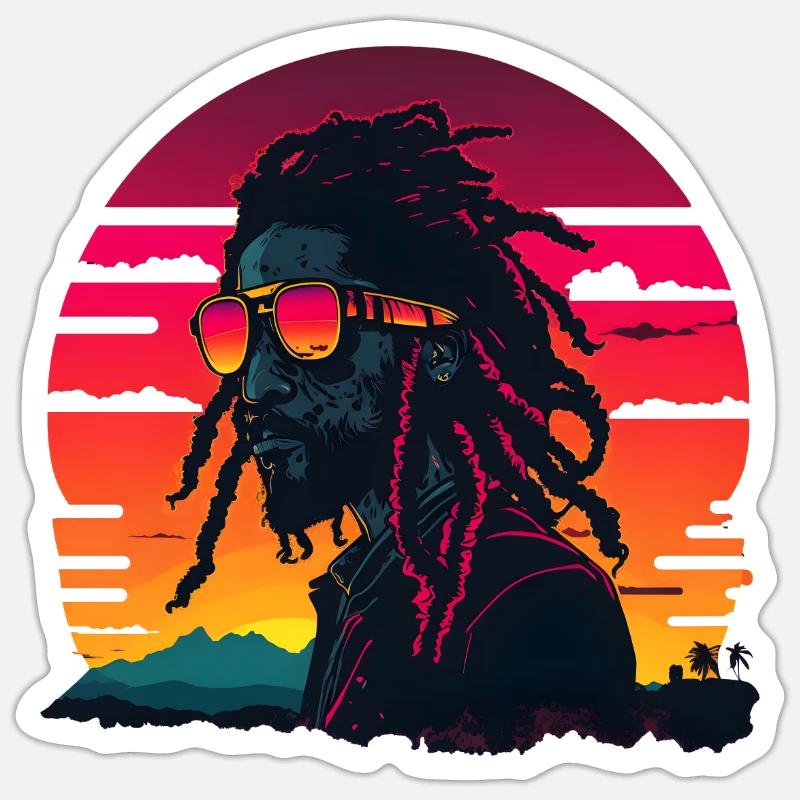 Synthwave Jamaican Rasta Man - Sticker taille S (10 x 10 cm) - blanc mat