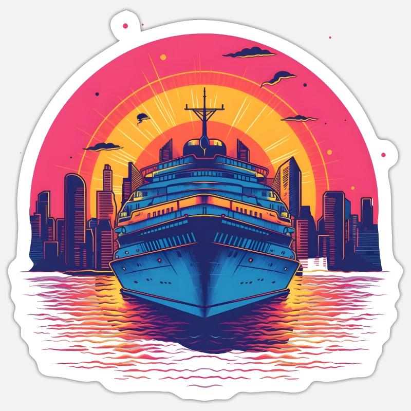 Synthwave cruise ship sunset Sticker size S (10 x 10 cm)