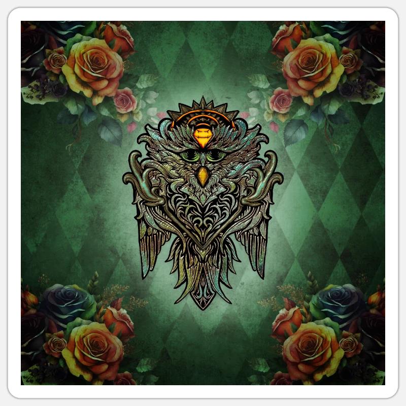 Tolle Eule mit Rosen - Sticker Größe S (10 x 10 cm) - Mattweiß
