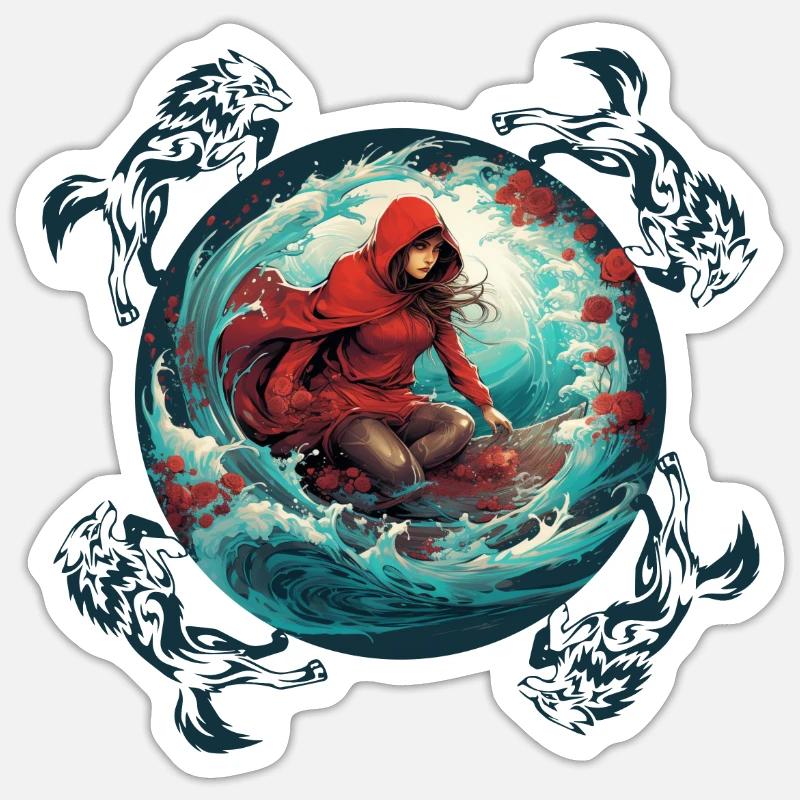 Rotkäppchen surft auf Surfbrett Wolf auf Welle - Sticker Größe S (10 x 10 cm) - Mattweiß