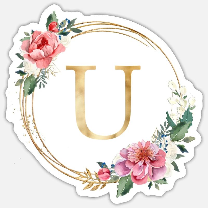 Customizable Monogram U Wreath Pink White Sticker size S (10 x 10 cm)