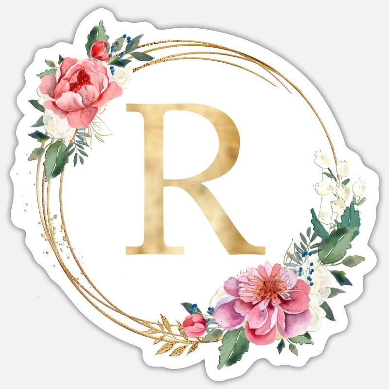 Customizable Monogram R Wreath Pink White Sticker size S (10 x 10 cm)