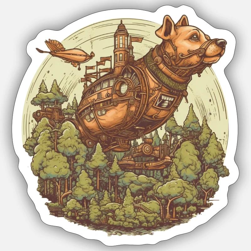 Steampunk Luftschiff Hund - Sticker Größe S (10 x 10 cm) - Mattweiß
