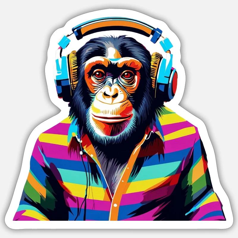 DJ Schimpansen bunt - Sticker Größe S (10 x 10 cm) - Mattweiß