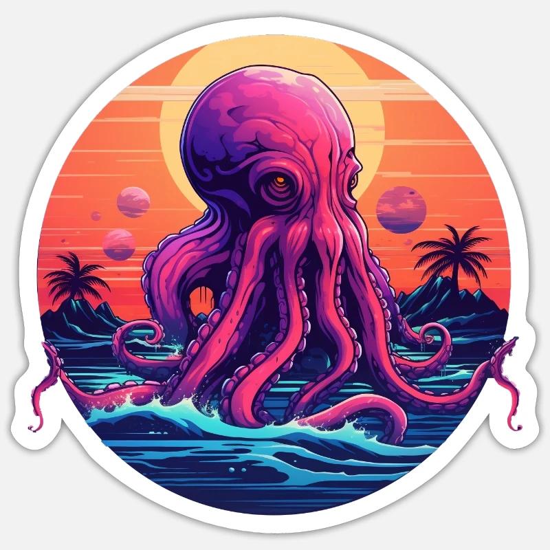Octopus 80s synthwave 1 without stroke - Sticker taille S (10 x 10 cm) - blanc mat