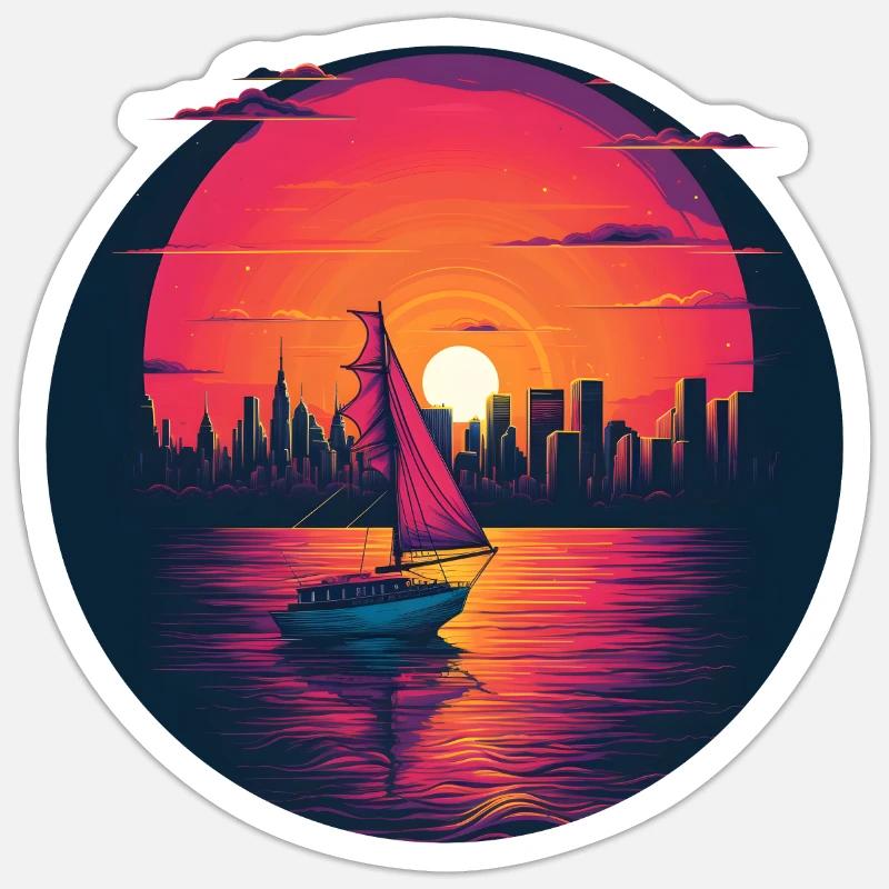 Coucher de soleil sur le voilier Synthwave Sticker taille S (10 x 10 cm)