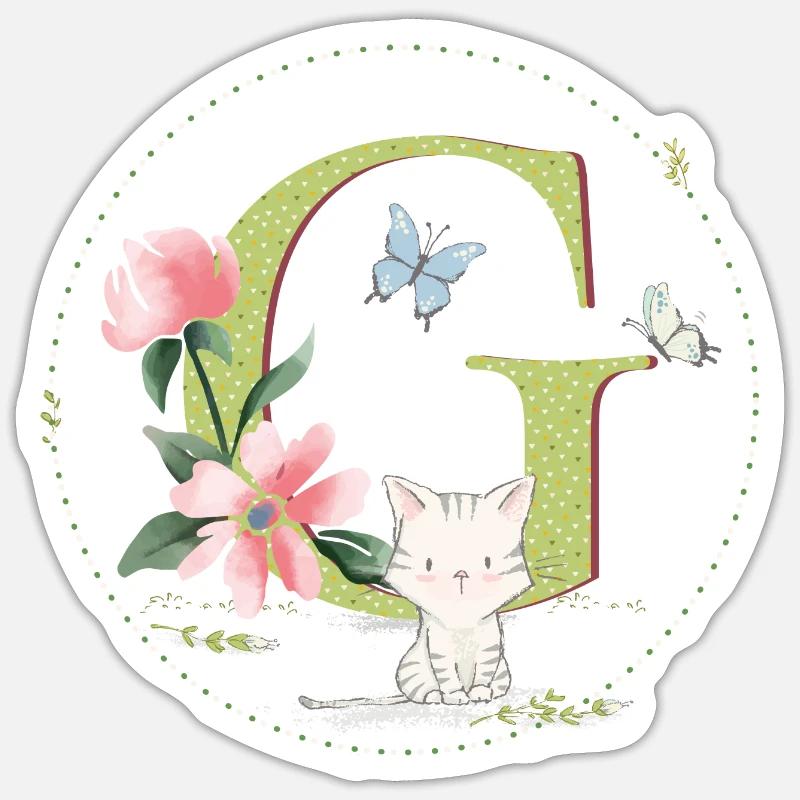 Première lettre G avec chat - Sticker taille S (10 x 10 cm) - blanc mat
