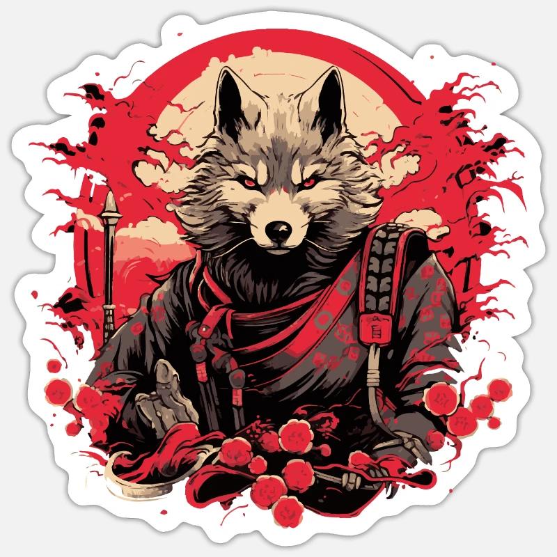 Japanischer Wolf Samurai - Sticker Größe S (10 x 10 cm) - Mattweiß