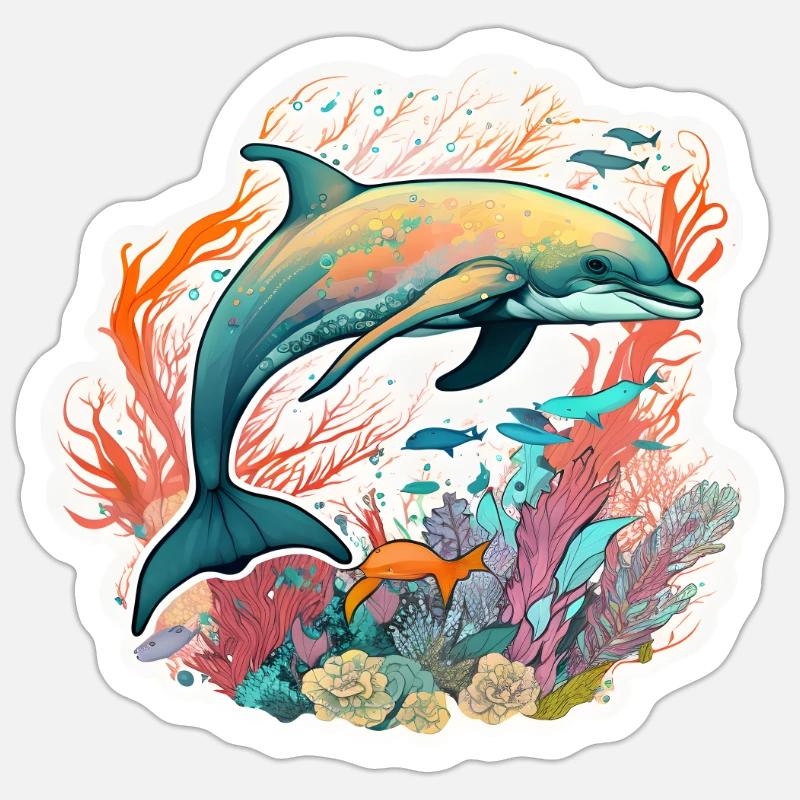 Bunter Delfin - Sticker Größe S (10 x 10 cm) - Mattweiß