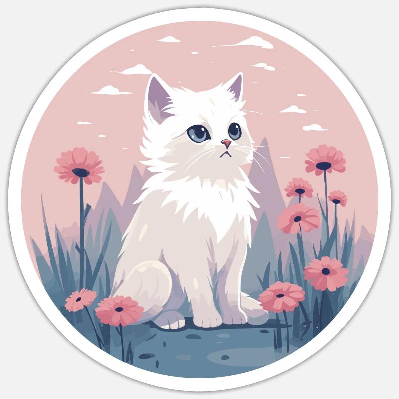 Chat pastel en fleurs - Sticker taille S (10 x 10 cm) - blanc mat