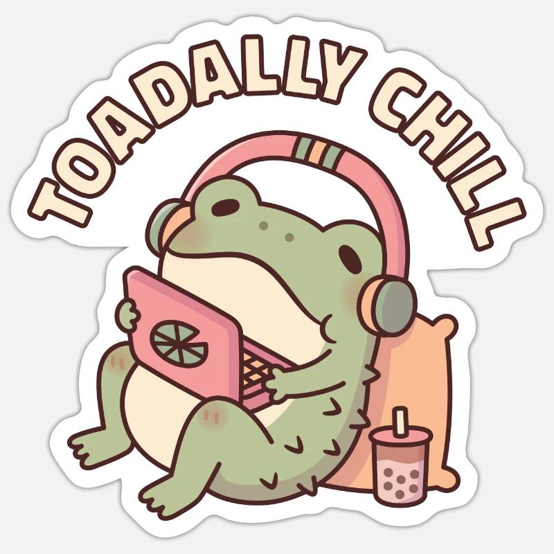 Crapaud mignon relaxant avec ordinateur portable Toadally Chill Sticker taille S (10 x 10 cm)