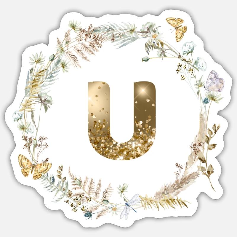 U Monogram Glitter Boho Wreath Sticker size S (10 x 10 cm)