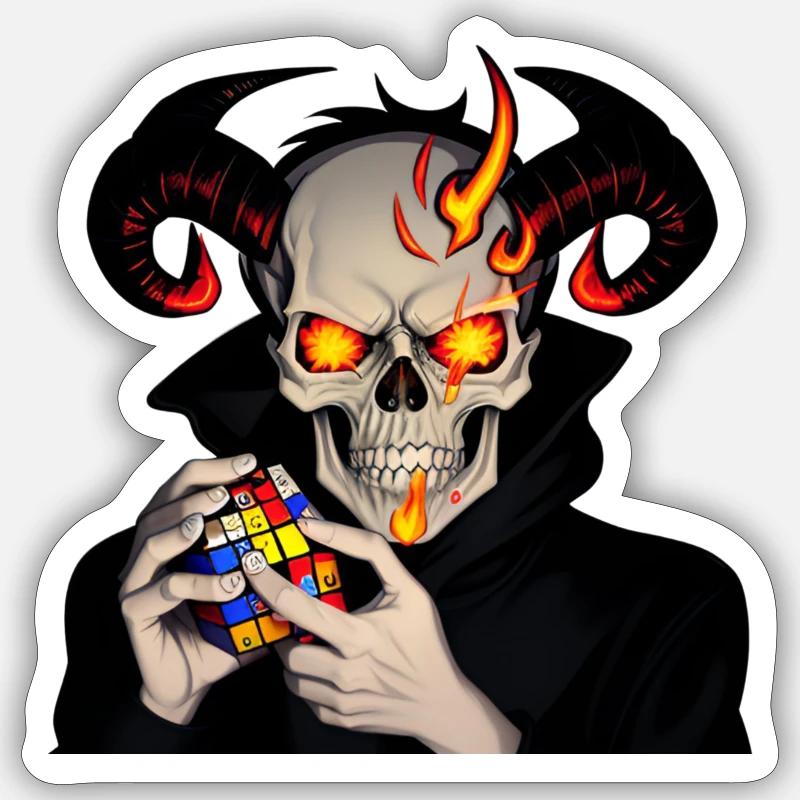 Horned skull | Solving his cursed puzzle cube Sticker size S (10 x 10 cm)