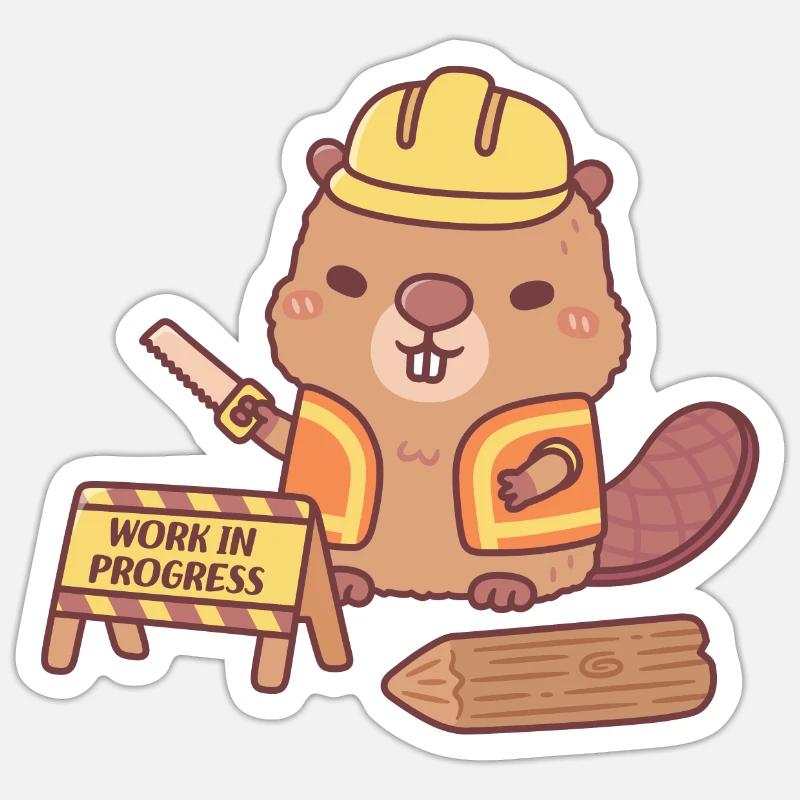 Cute Beaver Construction Cartoon Work In Progress Sticker size S (10 x 10 cm)