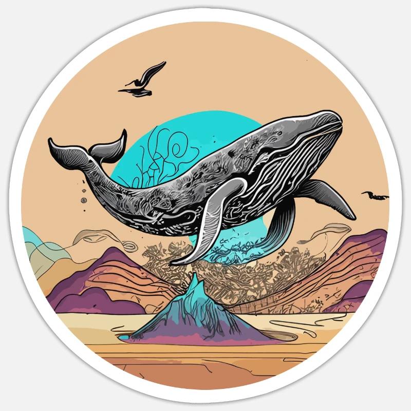 Psychedelische Wüste mit fliegendem Wal - Sticker Größe S (10 x 10 cm) - Mattweiß