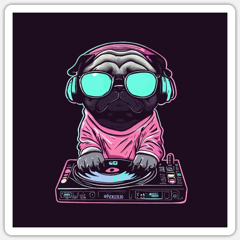 Mops DJ - Sticker Größe S (10 x 10 cm) - Mattweiß