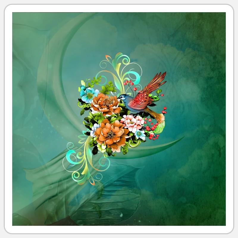 Merveilleuses fleurs élégantes avec oiseau. - Sticker taille S (10 x 10 cm) - blanc mat