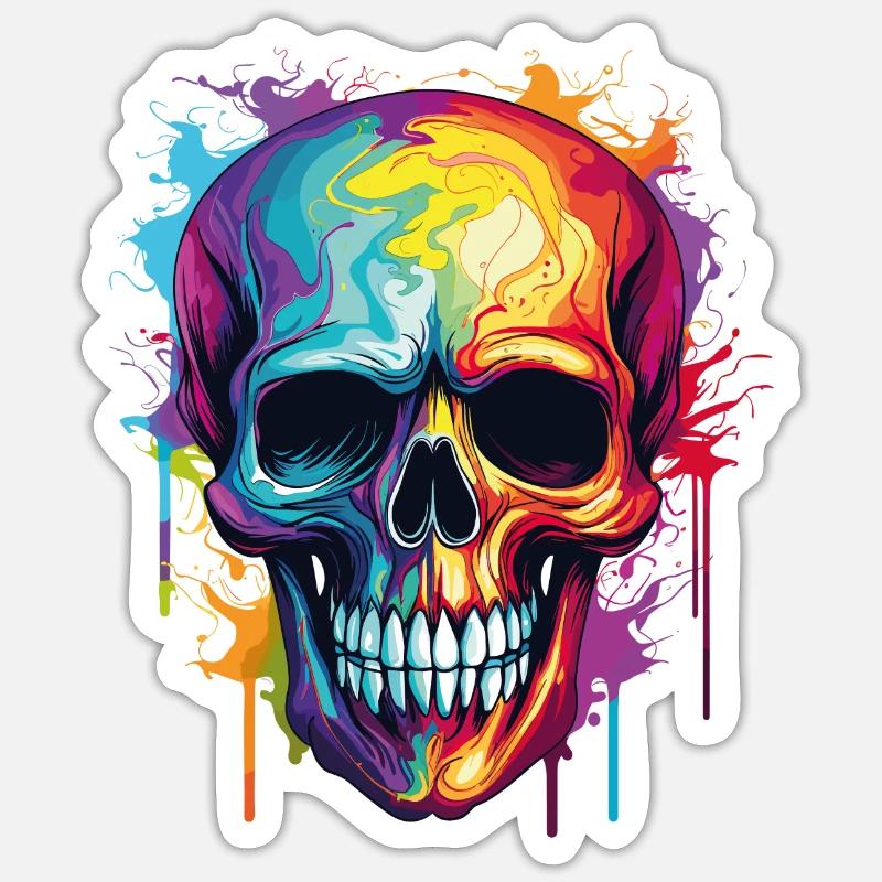 Psychedelischer Rainbow Farbschädel  - Sticker Größe S (10 x 10 cm) - Mattweiß