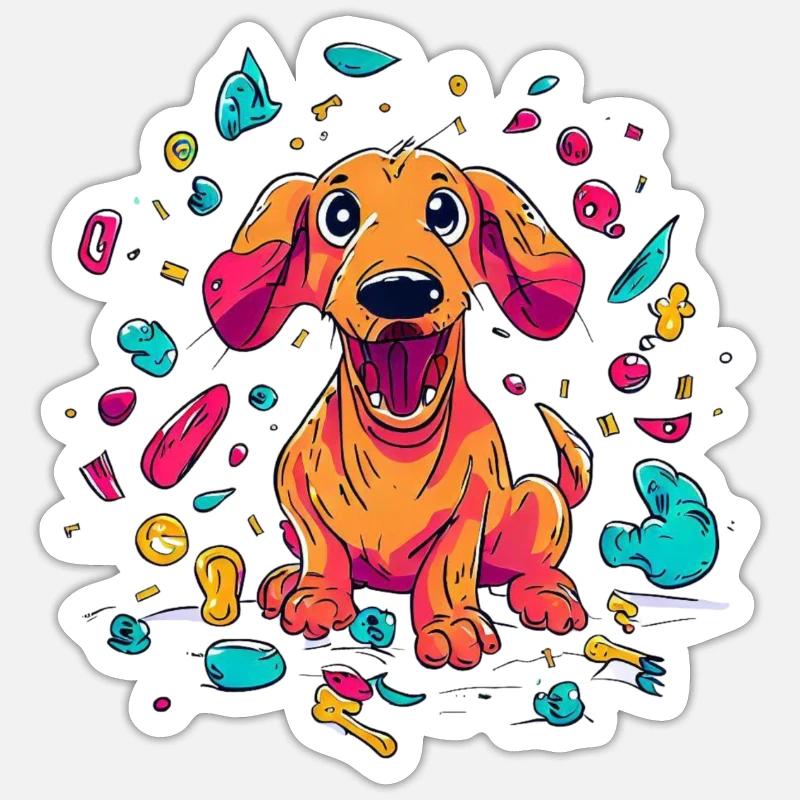 Méfait espiègle du chiot teckel - Sticker taille S (10 x 10 cm) - blanc mat