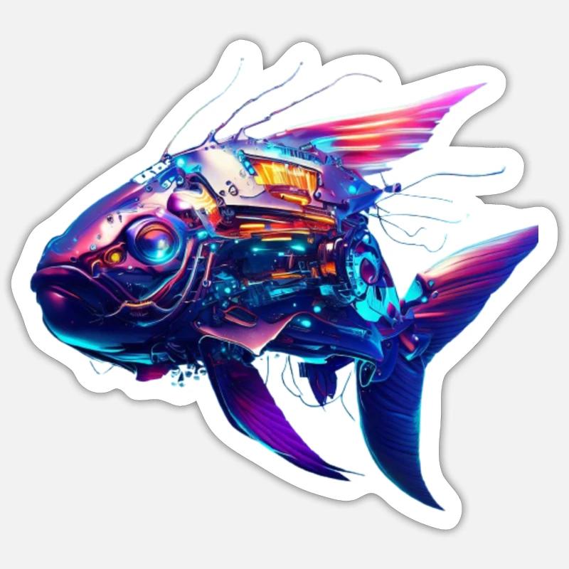 Cyber poisson - Sticker taille S (10 x 10 cm) - blanc mat
