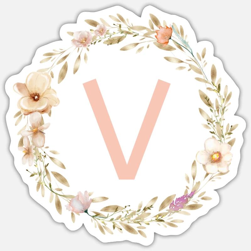 Personalisierbar Monogramm V Blumenkranz Boho - Sticker Größe S (10 x 10 cm) - Mattweiß