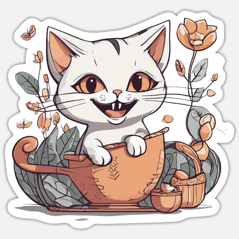 Chat dans un pot - Sticker taille S (10 x 10 cm) - blanc mat