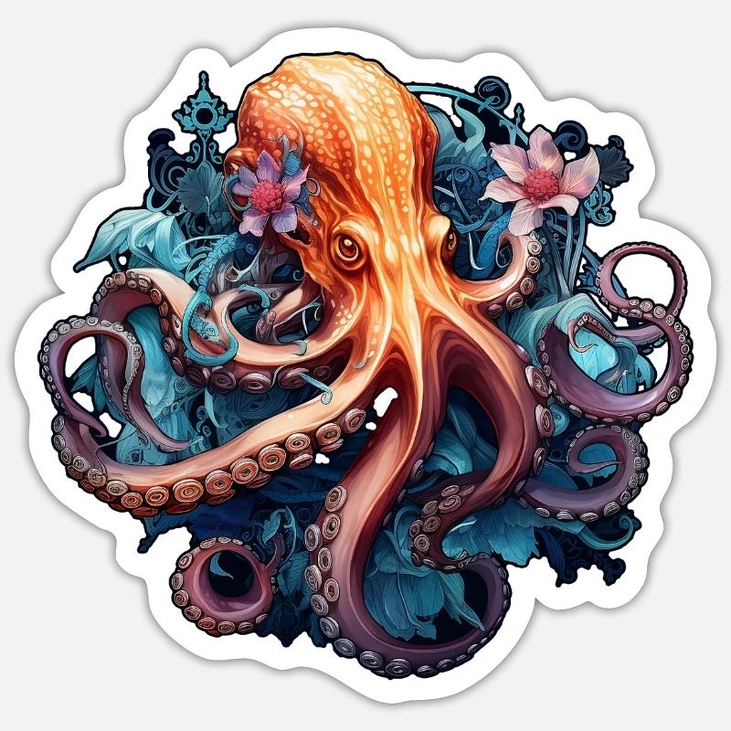 Wunderschöner Oktopus mit Blumen Boho Style Sticker Größe S (10 x 10 cm)