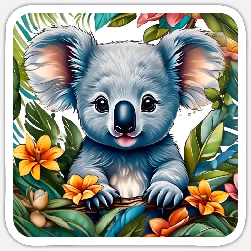 Ours Koala mignon avec des fleurs - Sticker taille S (10 x 10 cm) - blanc mat