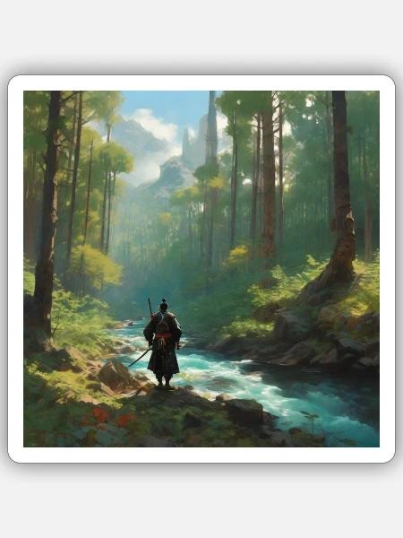 Samurai einsam am Flussufer - Sticker Größe S (10 x 10 cm) - Mattweiß