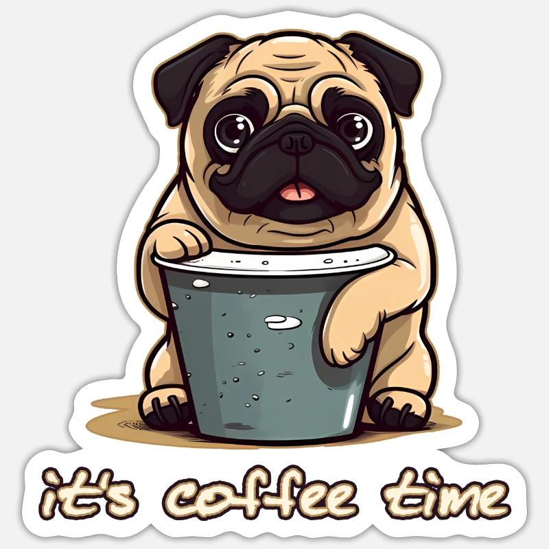 Mops und Kaffee - Sticker Größe S (10 x 10 cm) - Mattweiß