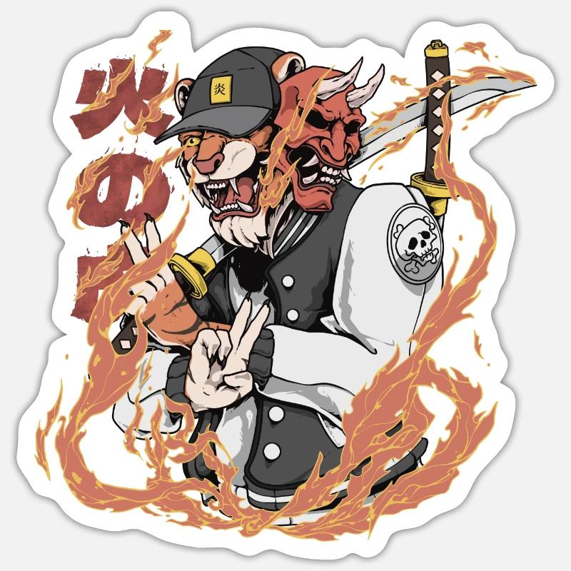Flame Tiger Samurai - Sticker size S (10 x 10 cm) - white matte