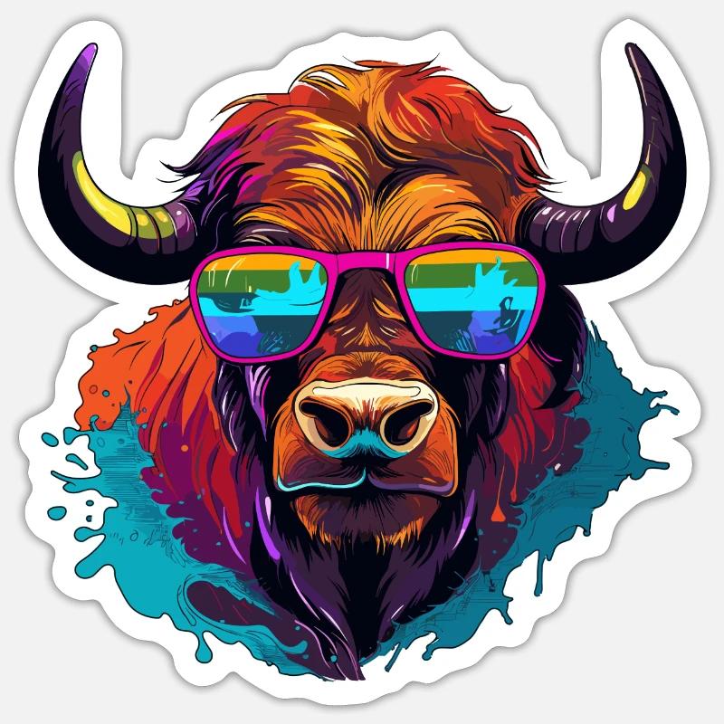 Buffle avec des lunettes de soleil - Sticker taille S (10 x 10 cm) - blanc mat