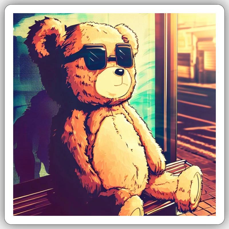Teddy on Bus - Sticker Größe S (10 x 10 cm) - Mattweiß
