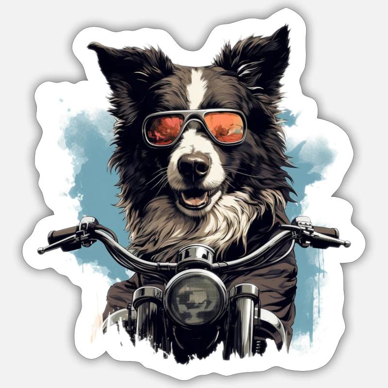 Biker Collie Cool - Sticker Größe S (10 x 10 cm) - Mattweiß