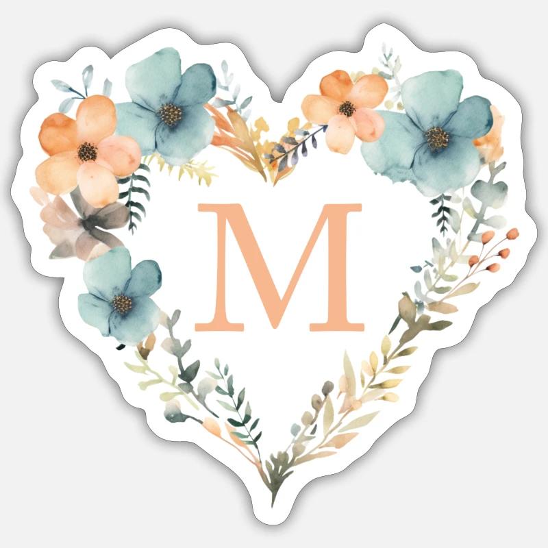 M Monogramm Herz Blumen Kranz - Sticker Größe S (10 x 10 cm) - Mattweiß