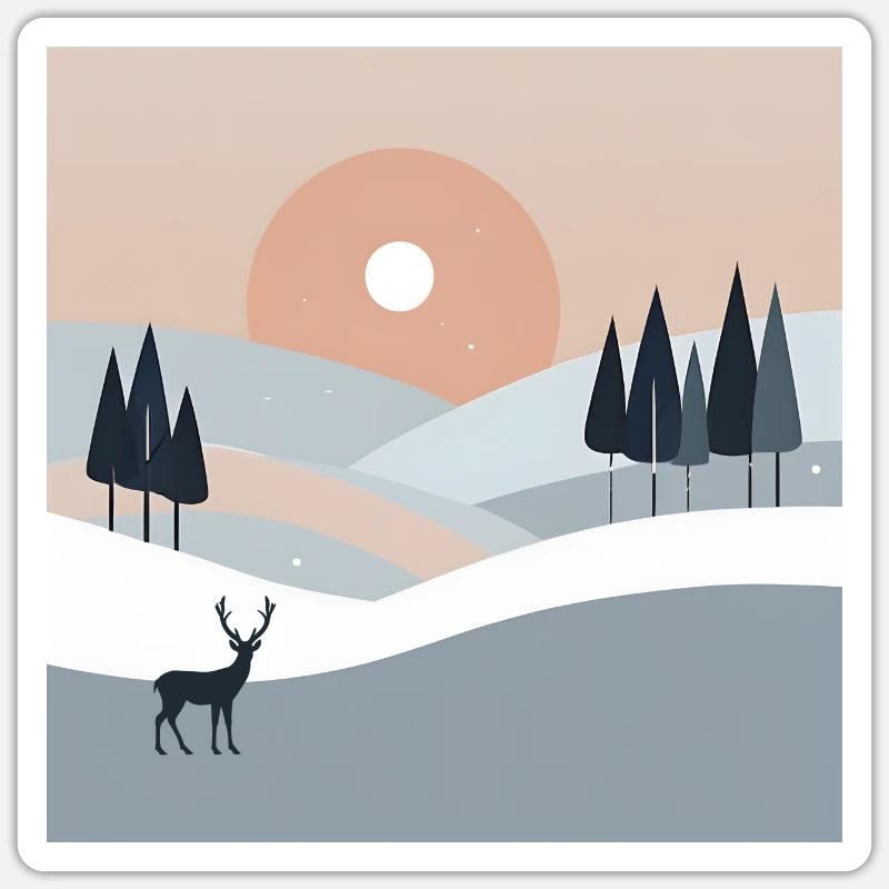 Grey winter landscape with fields, trees and deer Sticker size S (10 x 10 cm)