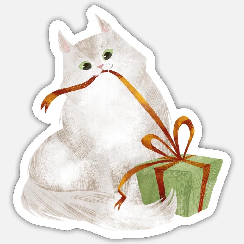 Katze mit Weihnachtsgeschenk - Sticker Größe S (10 x 10 cm) - Mattweiß