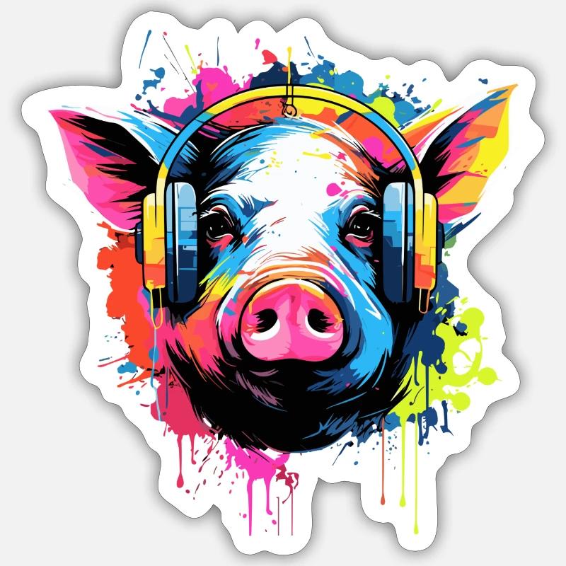 Cochon avec écouteurs Animaux Cochons - Sticker taille S (10 x 10 cm) - blanc mat