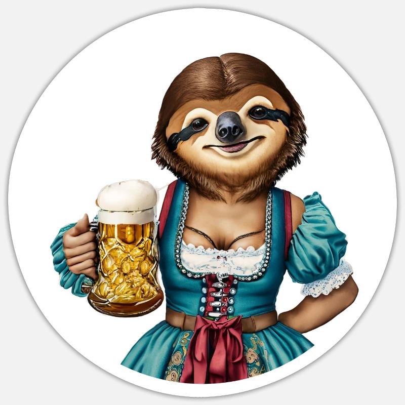 Faultier im Dirndl mit Bierglas Sticker Größe S (10 x 10 cm)