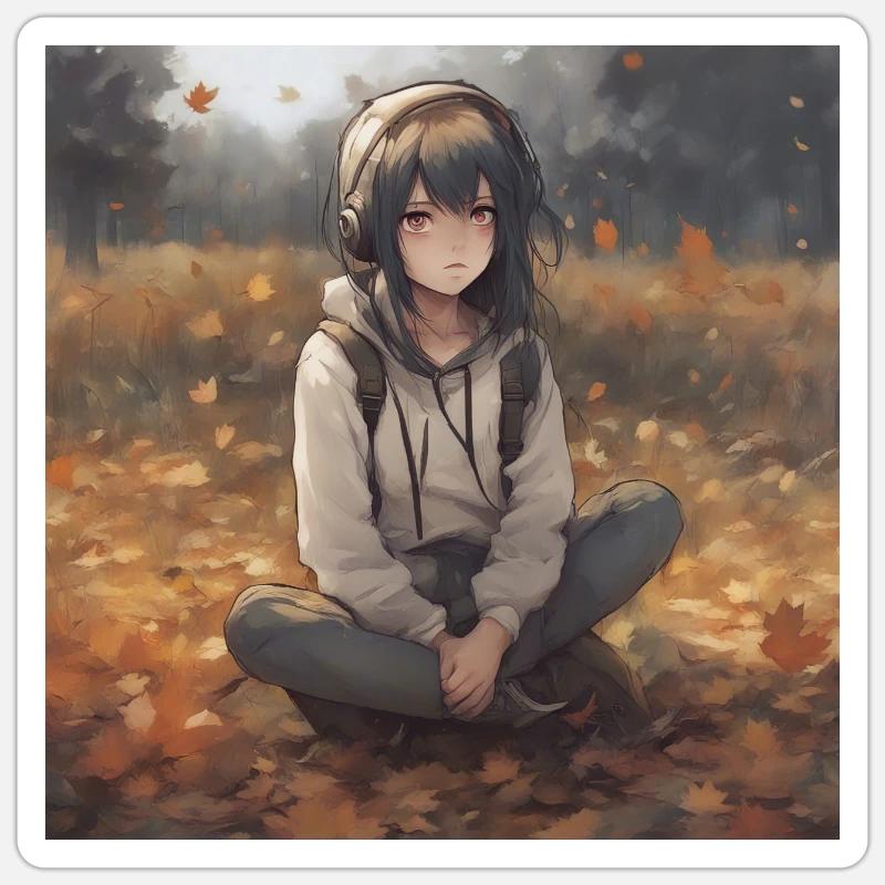 EMO Mädchen im Wald, Herbstlich Sticker Größe S (10 x 10 cm)