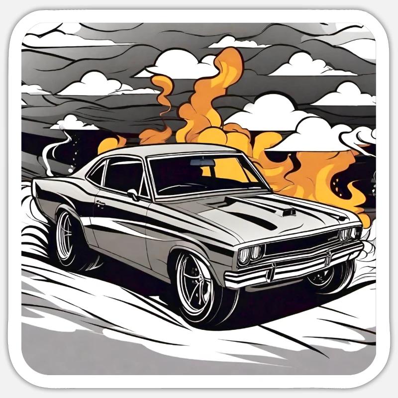 Oldtimer Drift Auto Turbo Rallye mit Feuer Sticker Größe S (10 x 10 cm)