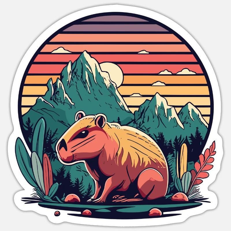 Capybara mit Retro Sunset - Sticker Größe S (10 x 10 cm) - Mattweiß