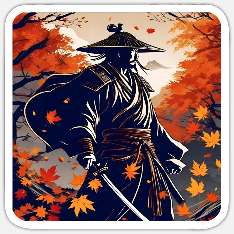 Stolzer Samurai Krieger mit Katana im Herbst Sticker Größe S (10 x 10 cm)