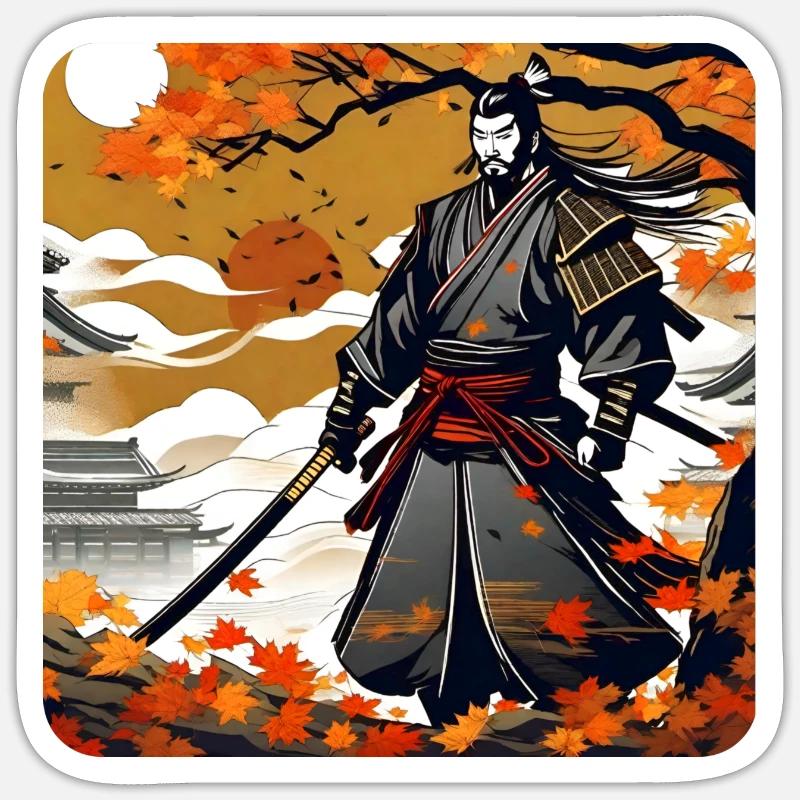 Stolzer Samurai Krieger mit Katana im Herbst Sticker Größe S (10 x 10 cm)