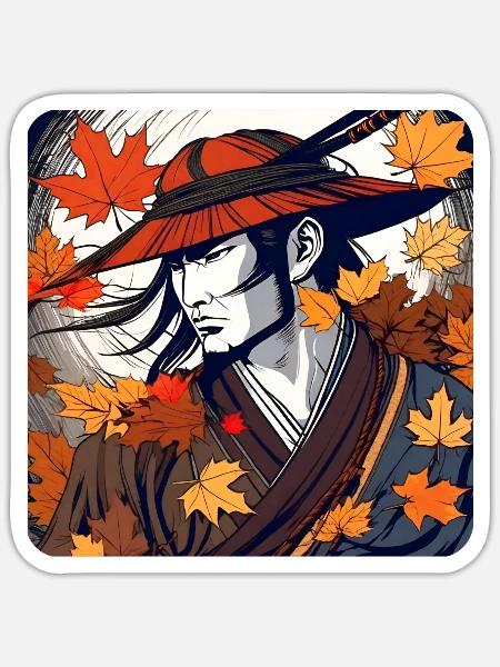 Stolzer Samurai Krieger im Herbst - Sticker Größe S (10 x 10 cm) - Mattweiß