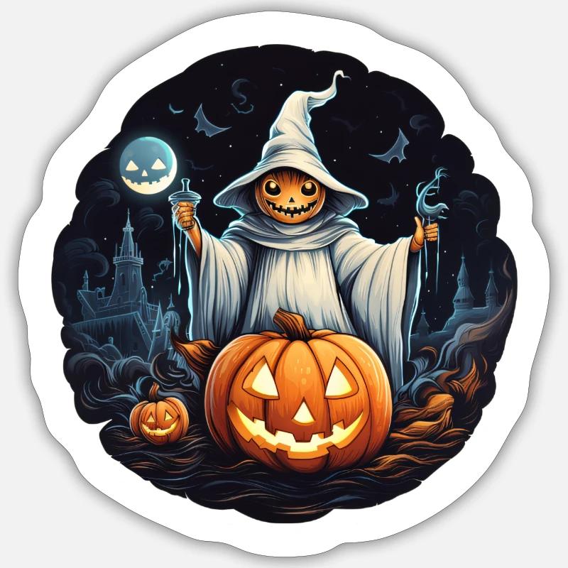Sorcier citrouille Halloween - Sticker taille S (10 x 10 cm) - blanc mat